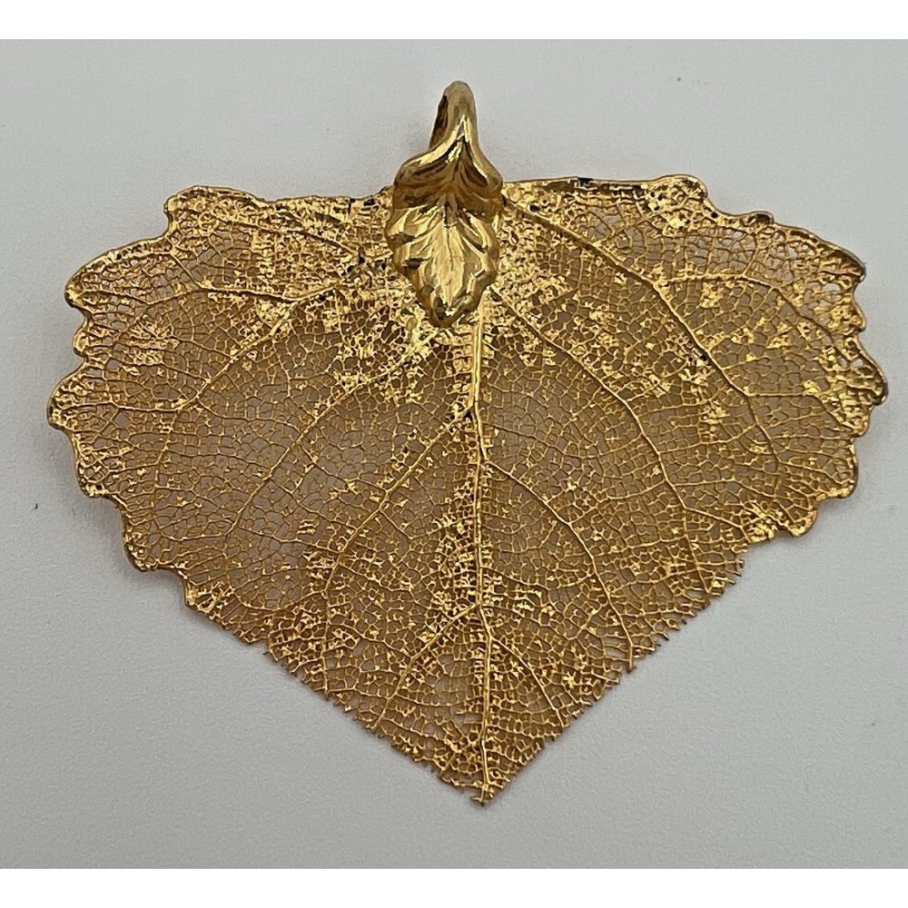 Bright Gold Dipped Aspen Leaf Pendant f/ Necklace 2" x 1.75" Vintage